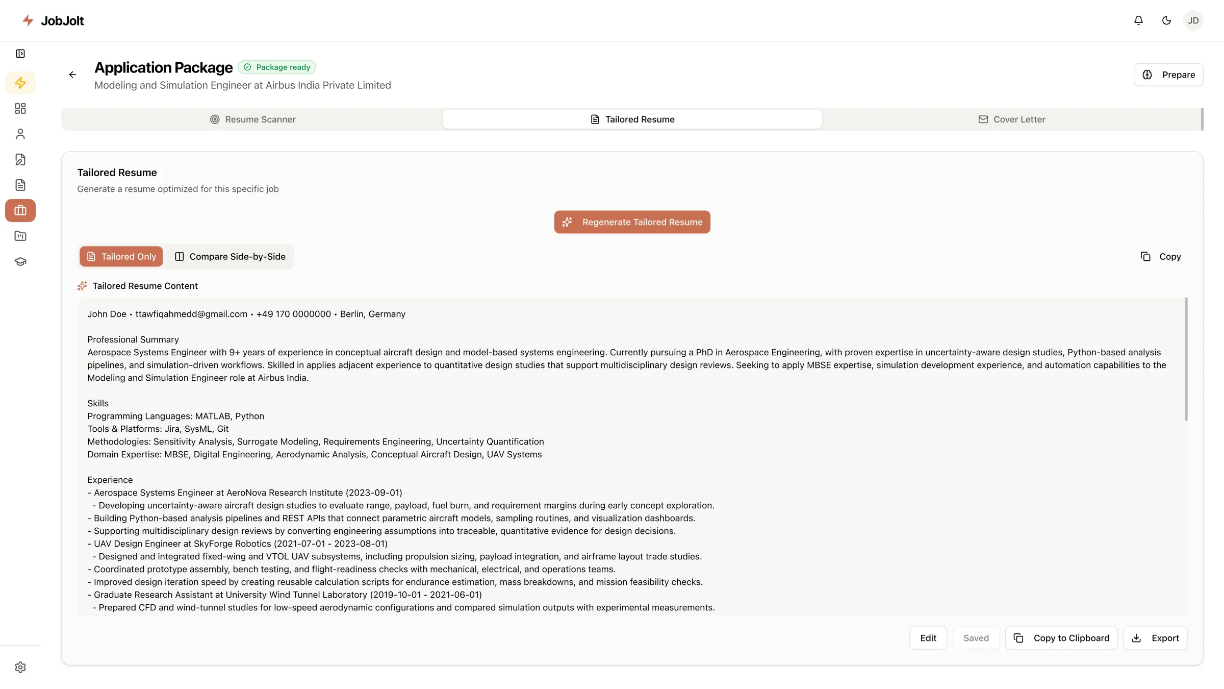 JobJolt tailored resume generated for a specific job posting, with an optimised professional summary, skills and experience